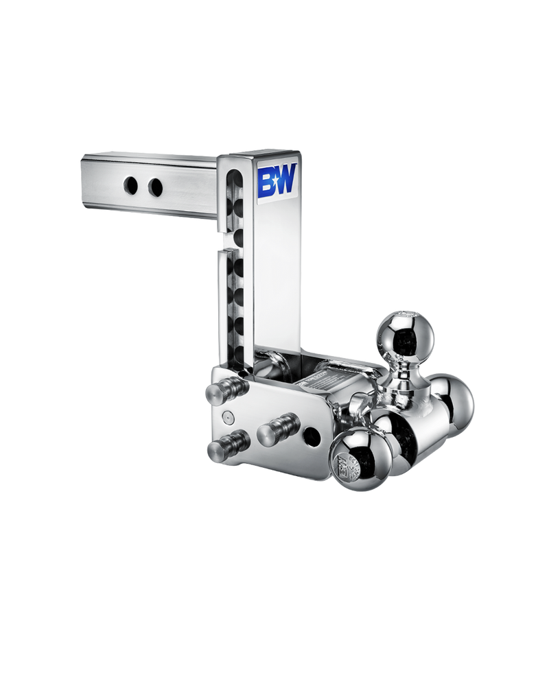 B&W Tow & Stow chrome plated adjustable ball mount TS10049C with a 2" shank, 7" drop and three chrome balls on the swing arm