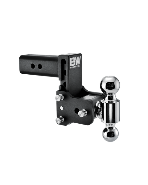 B&W Tow & Stow black powder coated adjustable ball mount TS20037B with a 2.5" shank, 5" drop and two chrome balls on the swing arm