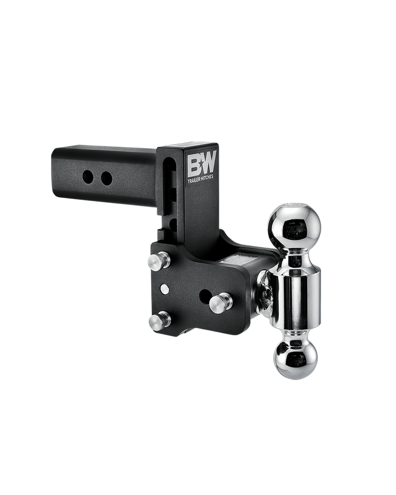 B&W Tow & Stow black powder coated adjustable ball mount TS20037B with a 2.5" shank, 5" drop and two chrome balls on the swing arm