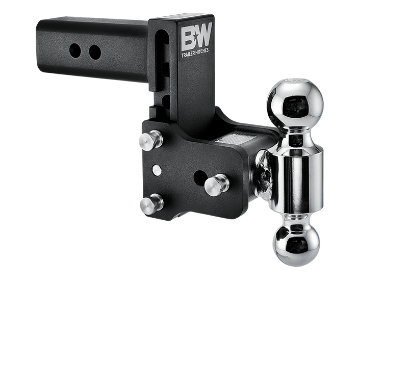 Angled view of the B&W Tow & Stow TS20037B showing the adjustment holes in the shank, the stainless pins and the rotating ball arm