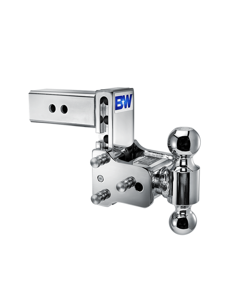 B&W Tow & Stow chrome plated adjustable ball mount TS20037C with a 2.5" shank, 5" drop and two chrome balls on the swing arm