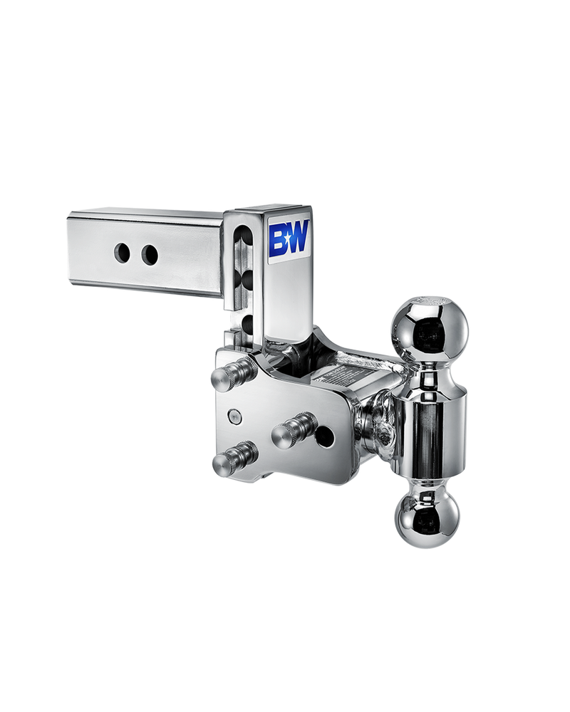 B&W Tow & Stow chrome plated adjustable ball mount TS20037C with a 2.5" shank, 5" drop and two chrome balls on the swing arm