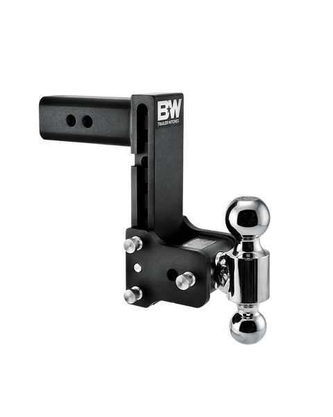 B&W Tow & Stow black powder coated adjustable ball mount TS20040B with a 2.5" shank, 7" drop and two chrome balls on the swing arm