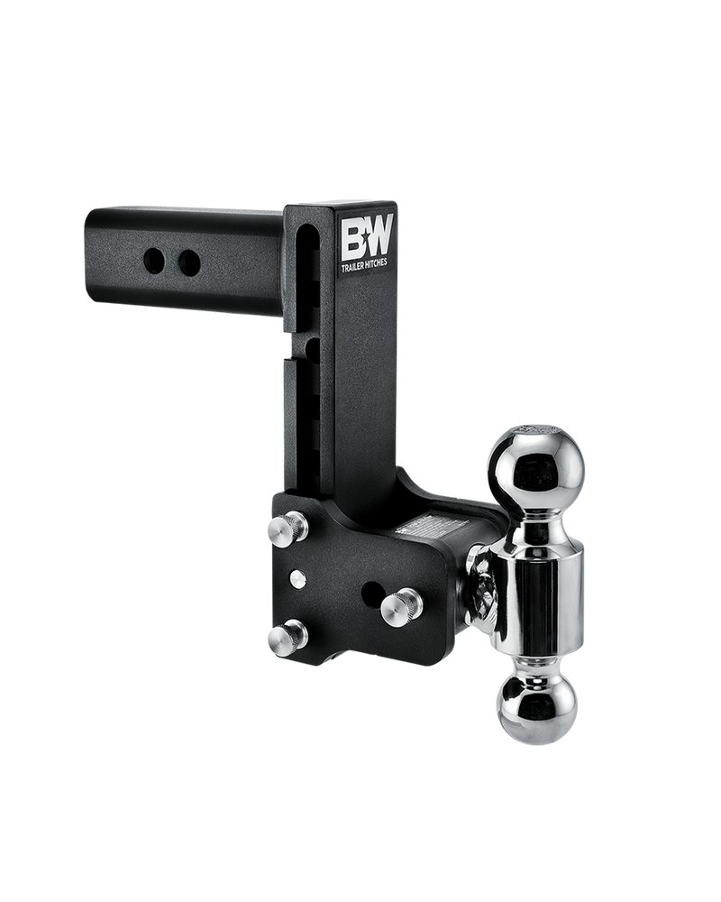 B&W Tow & Stow black powder coated adjustable ball mount TS20040B with a 2.5" shank, 7" drop and two chrome balls on the swing arm