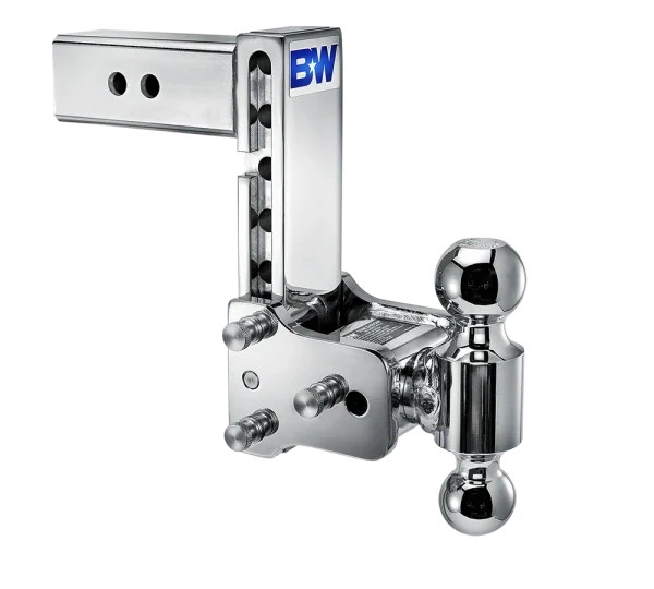 Angled view of the B&W Tow & Stow TS20040C showing the adjustment holes in the shank, the stainless pins and the rotating ball arm