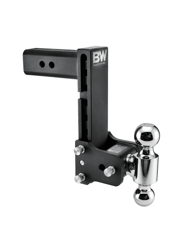 B&W Tow & Stow black powder coated adjustable ball mount TS20043B with a 2.5" shank, 8.5" drop and two chrome balls on the swing arm