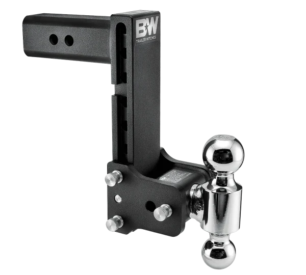 Angled view of the B&W Tow & Stow TS20043B showing the adjustment holes in the shank, the stainless pins and the rotating ball arm