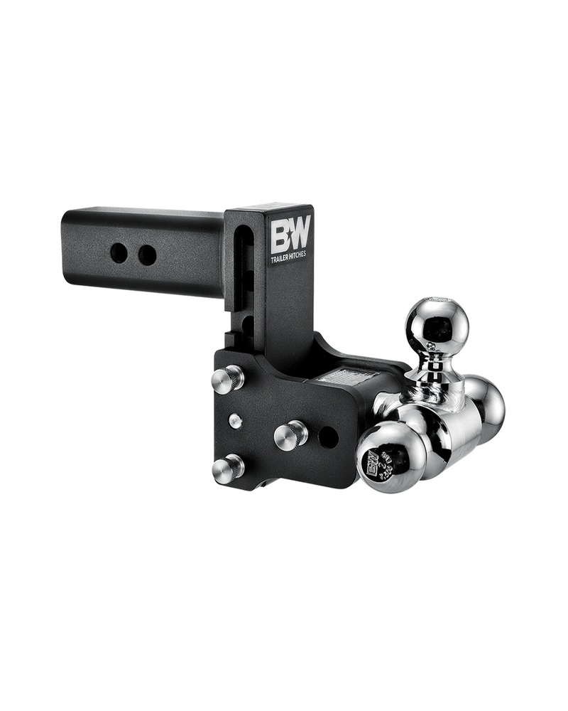 B&W Tow & Stow black powder coated adjustable ball mount TS20048B with a 2.5" shank, 5" drop and three chrome balls on the swing arm