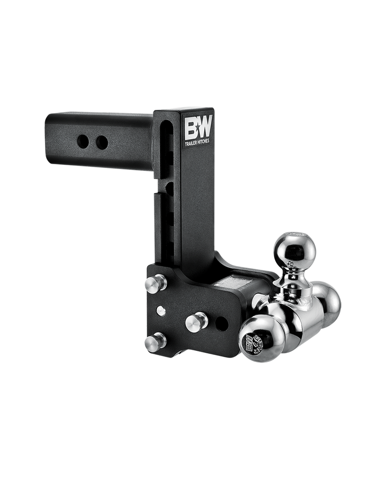 B&W Tow & Stow black powder coated adjustable ball mount TS20049B with a 2.5" shank, 7" drop and three chrome balls on the swing arm