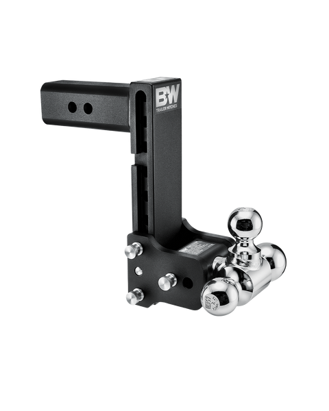 B&W Tow & Stow black powder coated adjustable ball mount TS20050B with a 2.5" shank, 8.5" drop and three chrome balls on the swing arm