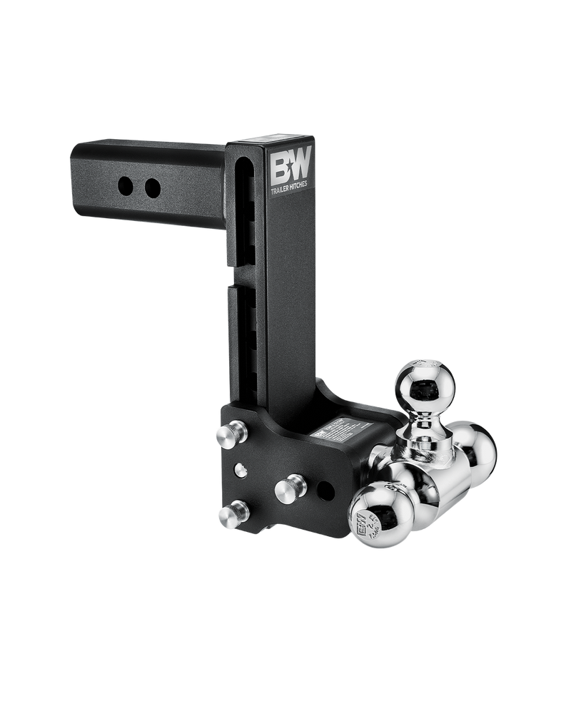 B&W Tow & Stow black powder coated adjustable ball mount TS20050B with a 2.5" shank, 8.5" drop and three chrome balls on the swing arm