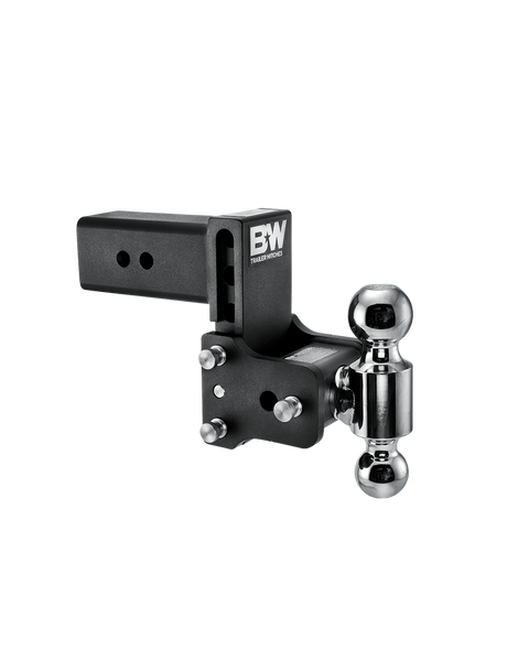 B&W Tow & Stow black powder coated adjustable ball mount TS30037B with a 3" shank, 4.5" drop and two chrome balls on the swing arm