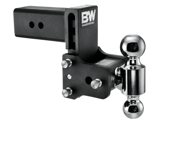 Angled view of the B&W Tow & Stow TS30037B showing the adjustment holes in the shank, the stainless pins and the rotating ball arm