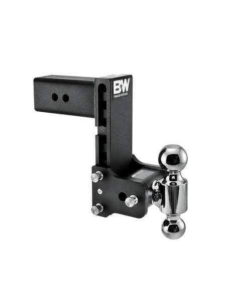 B&W Tow & Stow black powder coated adjustable ball mount TS30040B with a 3" shank, 7.5" drop and two chrome balls on the swing arm
