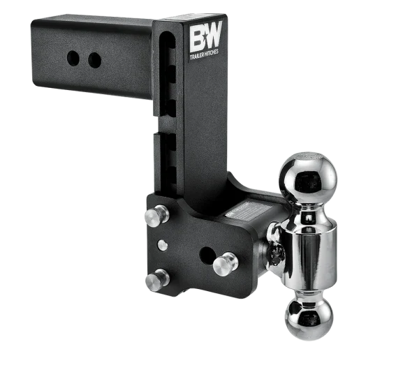 Angled view of the B&W Tow & Stow TS30040B showing the adjustment holes in the shank, the stainless pins and the rotating ball arm
