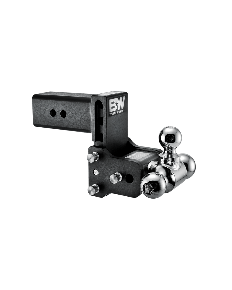 B&W Tow & Stow black powder coated adjustable ball mount TS30048B with a 3" shank, 4.5" drop and three chrome balls on the swing arm