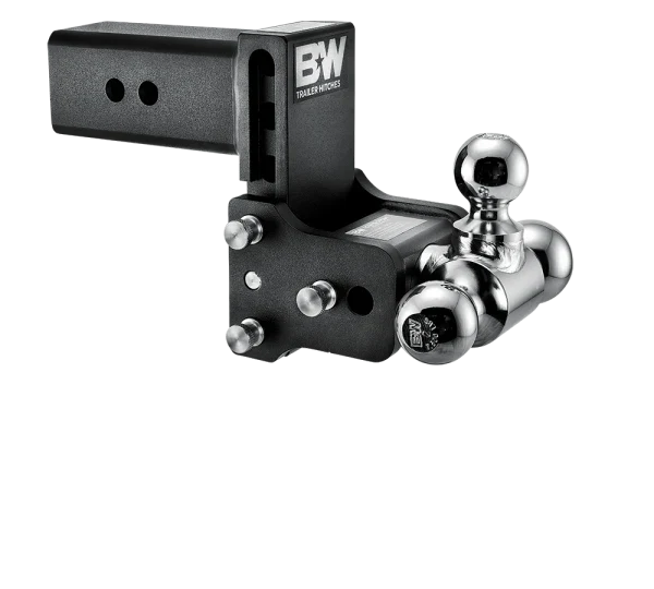 Angled view of the B&W Tow & Stow TS30048B showing the adjustment holes in the shank, the stainless pins and the rotating ball arm