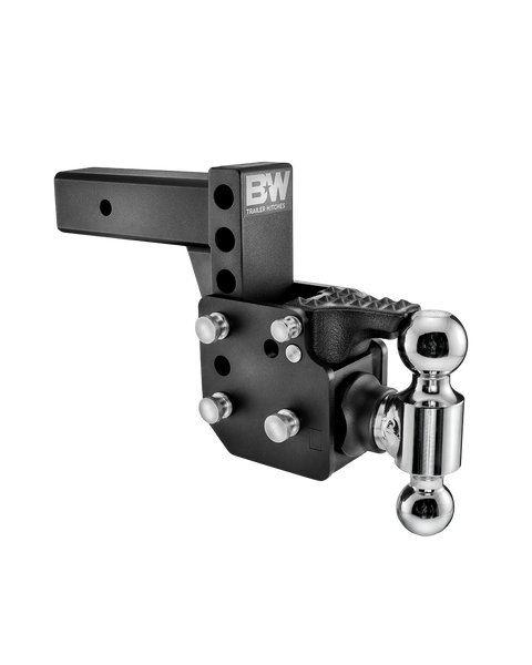 B&W Tow & Stow Dual Ball Pintle hitch TS20053B in black, showing the serrated pintle plate above the 2" and 2-5/16" chrome balls