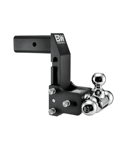 B&W Tow & Stow MultiPro and MultiFlex ball mount TS20067BMP in black, showing the angled head and offset swing arm with three chrome balls