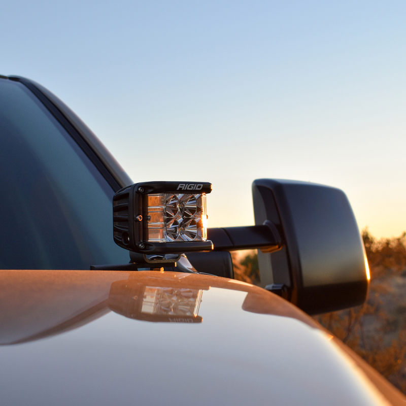 Rigid D-SS Flood A-Pillar Light Kit, D-SS pod on the A-pillar of a Toyota Tundra at sunset