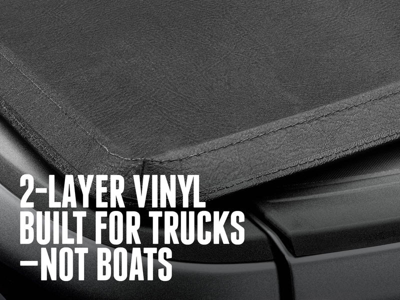 Close-up of the vinyl cover edge, with a caption about its two-layer vinyl