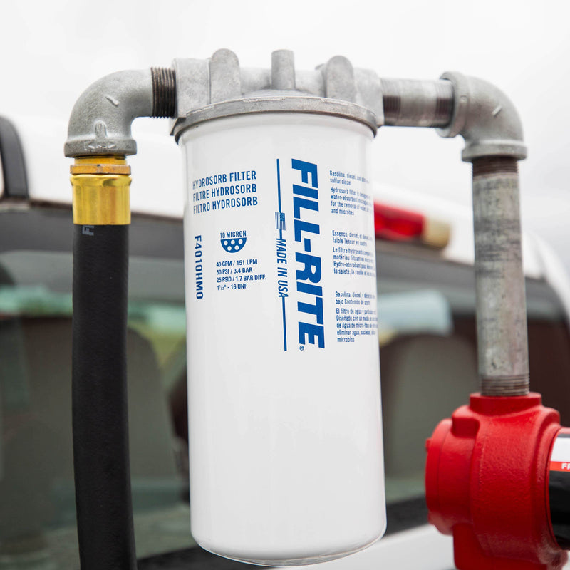 Fill-Rite F4010HM0, installed between pump and hose on a pickup transfer tank