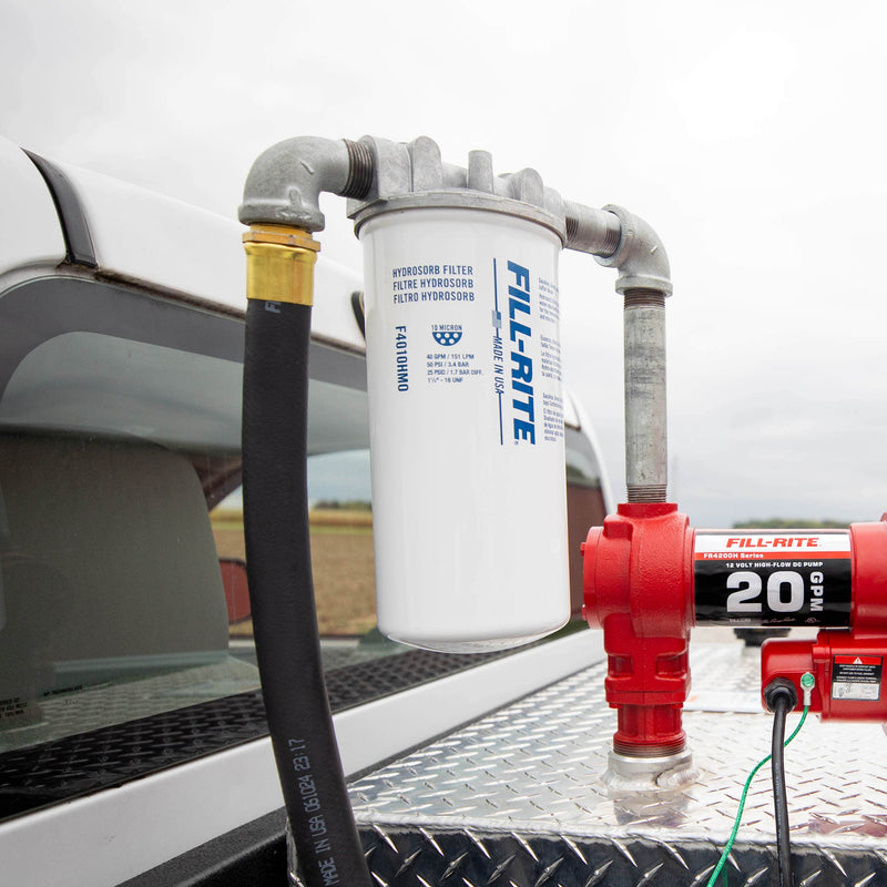 Fill-Rite F4010HM0, installed between pump and hose on a pickup transfer tank