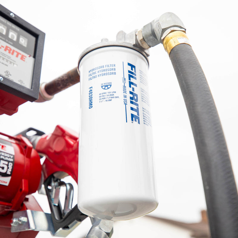 Fill-Rite F4030HM0, installed between pump and hose on a pickup transfer tank