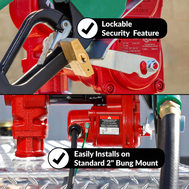 Fill-Rite FR1210HA1F 12V DC 15 GPM fuel transfer pump with filter and diesel nozzle, lockable nozzle hook and 2" bung mount callouts