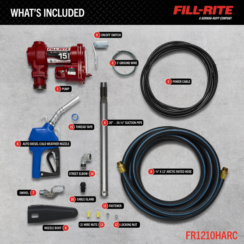 Fill-Rite FR1210HARC 12V DC 15 GPM Fuel Transfer Pump With Automatic Arctic Nozzle, what's included layout