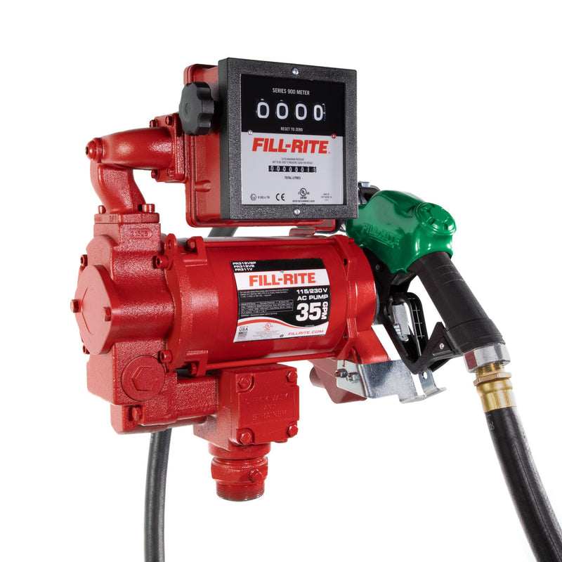 Fill-Rite FR311VLB 115/230V AC fuel transfer pump with liter meter and automatic nozzle, side view