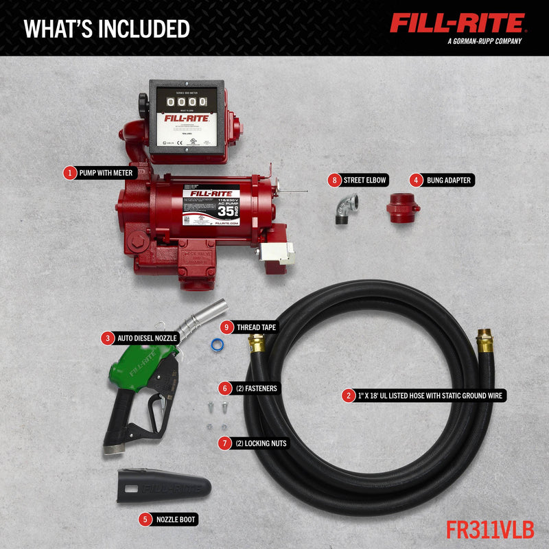 Fill-Rite FR311VLB 115/230V AC fuel transfer pump with liter meter and automatic nozzle, what's included layout
