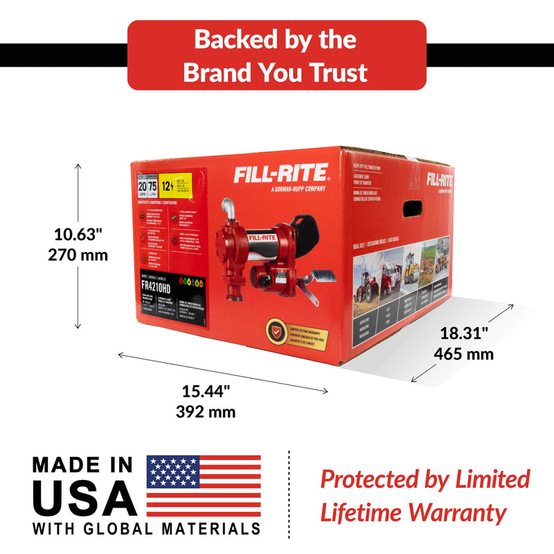 Fill-Rite FR4210HD 12V DC 20 GPM Fuel Transfer Pump with Nozzle, shipping box dimensions