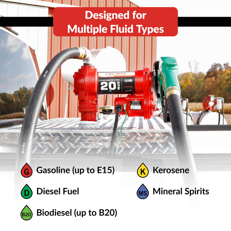 Fill-Rite FR4210HD 12V DC 20 GPM Fuel Transfer Pump with Nozzle, compatible fluids chart