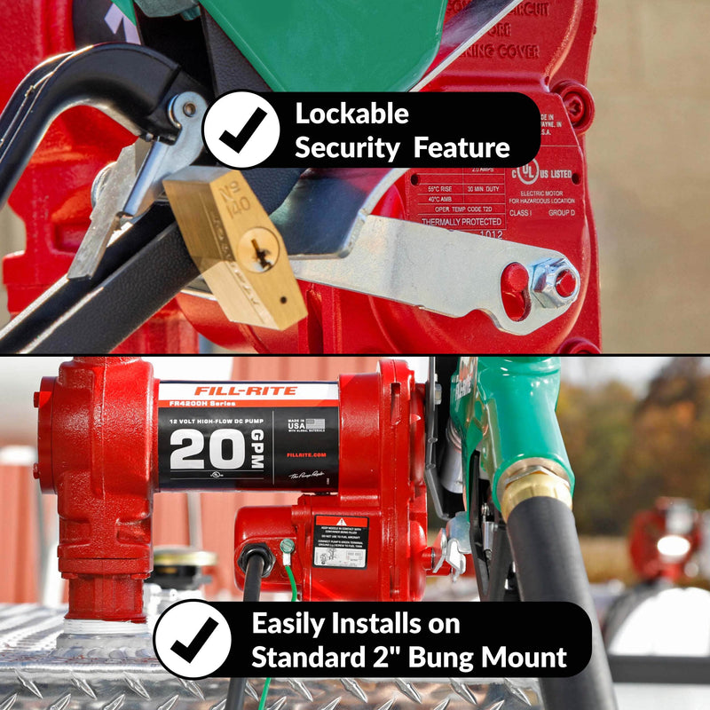 Fill-Rite FR4210HD 12V DC 20 GPM Fuel Transfer Pump with Nozzle, lockable nozzle hook and 2" bung mount callouts