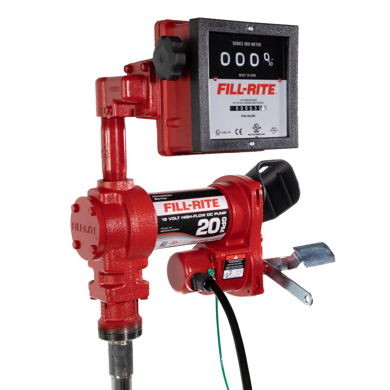 Fill-Rite FR4211HN 20 GPM, 12V DC Pump, 5' Ground Wire, 18'12 Gauge 2 Wire Battery Cable & 901c Gallon, side view