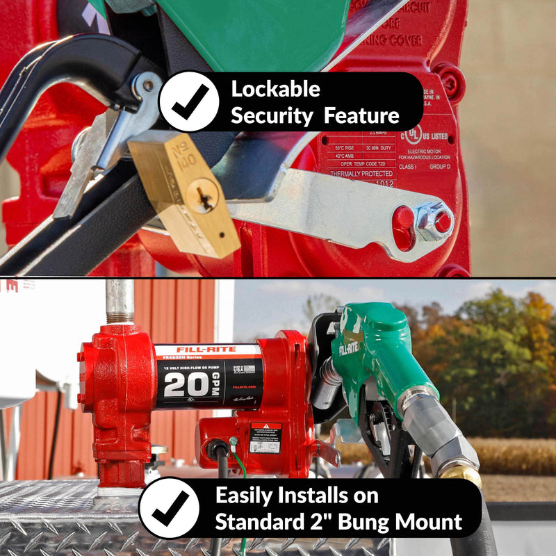 Fill-Rite FR4220HDSFQ 12V DC 20 GPM Fuel Transfer Pump with Nozzle, Filter, & Swivel, lockable nozzle hook and 2" bung mount callouts