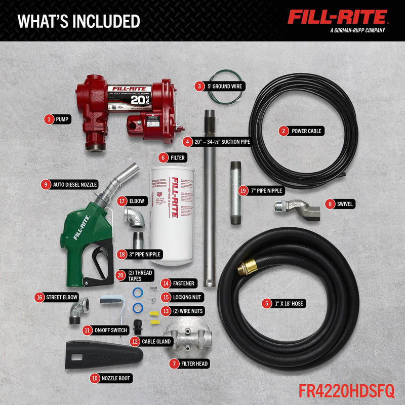 Fill-Rite FR4220HDSFQ 12V DC 20 GPM Fuel Transfer Pump with Nozzle, Filter, & Swivel, what's included layout