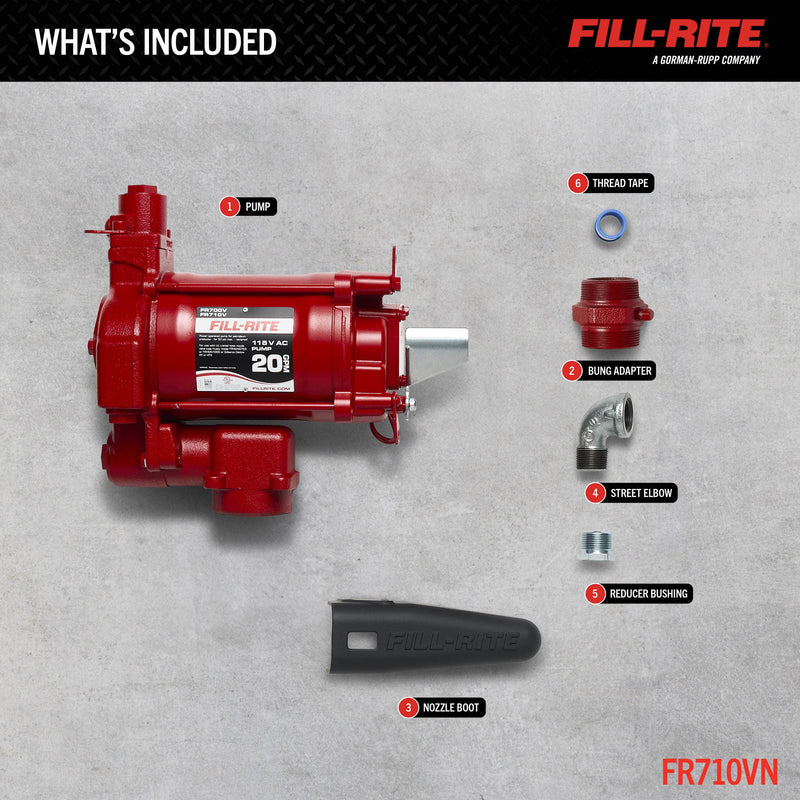 Fill-Rite FR710VN 115V AC high-flow fuel transfer pump, what's included layout