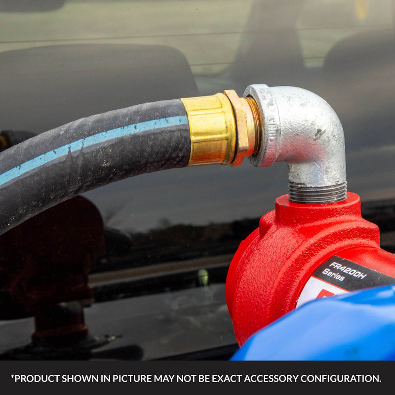 Fill-Rite sub-zero fuel transfer hose, in use coiled on a truck-bed transfer tank with nozzle