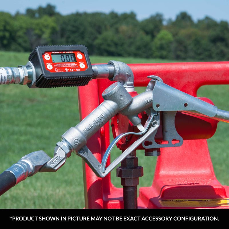 Fill-Rite TT10AN digital in-line turbine meter, in use on a farm fuel tank with an automatic nozzle