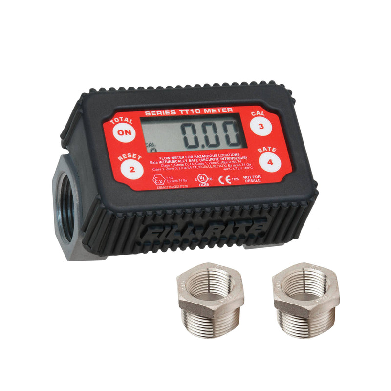 Fill-Rite TT10AN digital in-line turbine meter, with the two included reducer bushings