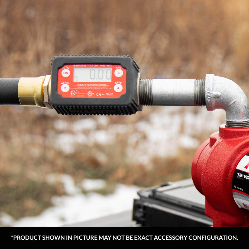 Fill-Rite TT10AN digital in-line turbine meter, installed in line between pump and hose