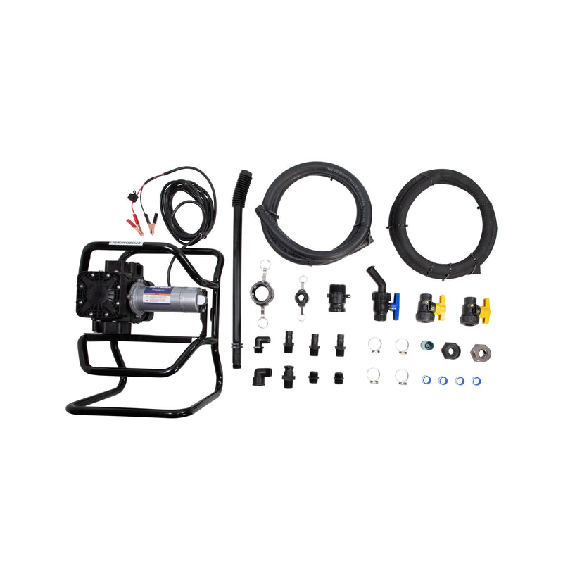 Sotera SS435BX713 12V DC Chemical Transfer Pump, Portable Chemtraveller, flat-lay view with included parts