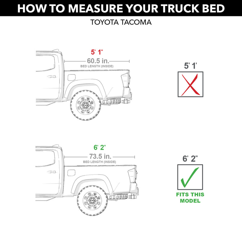 Gator EFX tonneau cover: bed measuring diagram for a Toyota Tacoma with the long bed checked as the fit and the short bed crossed out
