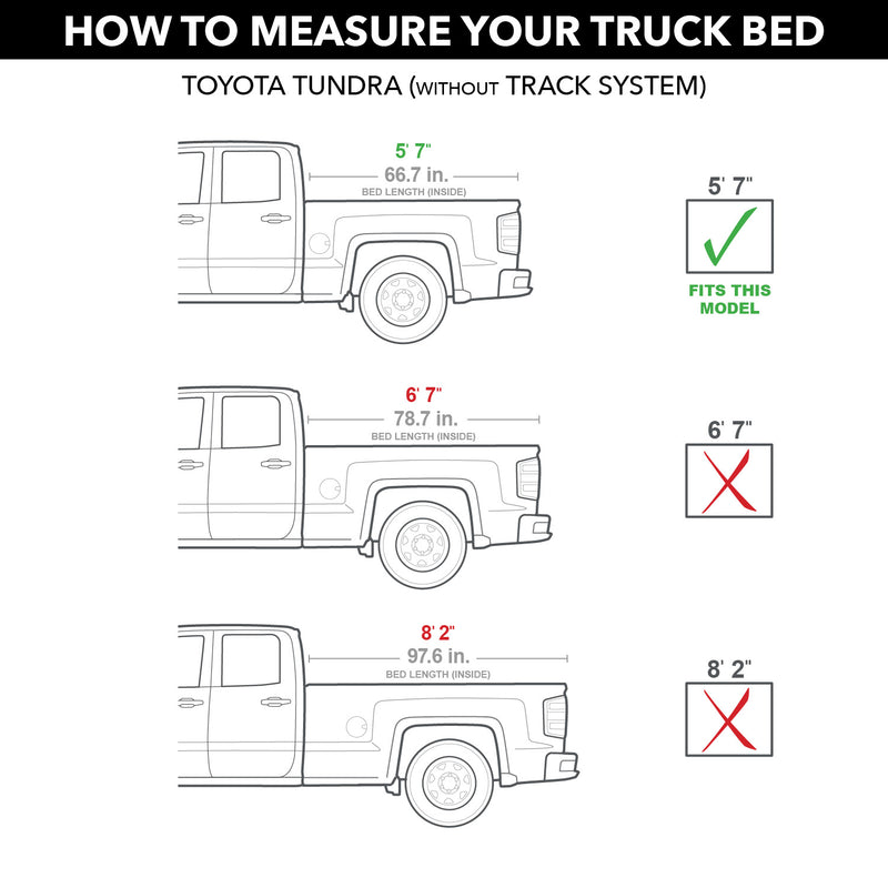 Gator EFX hard folding tonneau cover: Bed measuring diagram for a Toyota Tundra without track system with the 5'7" bed checked as the fit