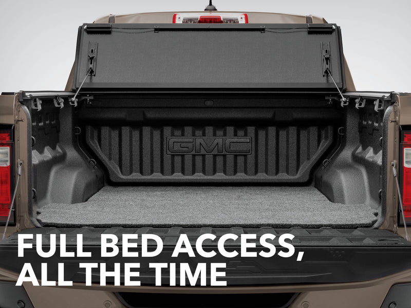 Gator FX hard folding tonneau cover: graphic 'Full bed access, all the time' showing the panels folded up and the open bed