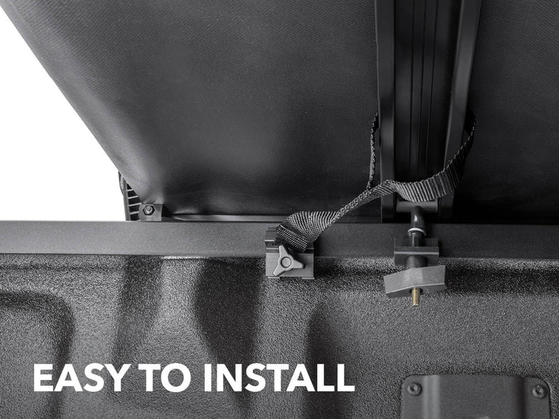 Gator SFX soft tri-fold tonneau cover: graphic 'Easy to install' showing the clamp under the bed rail