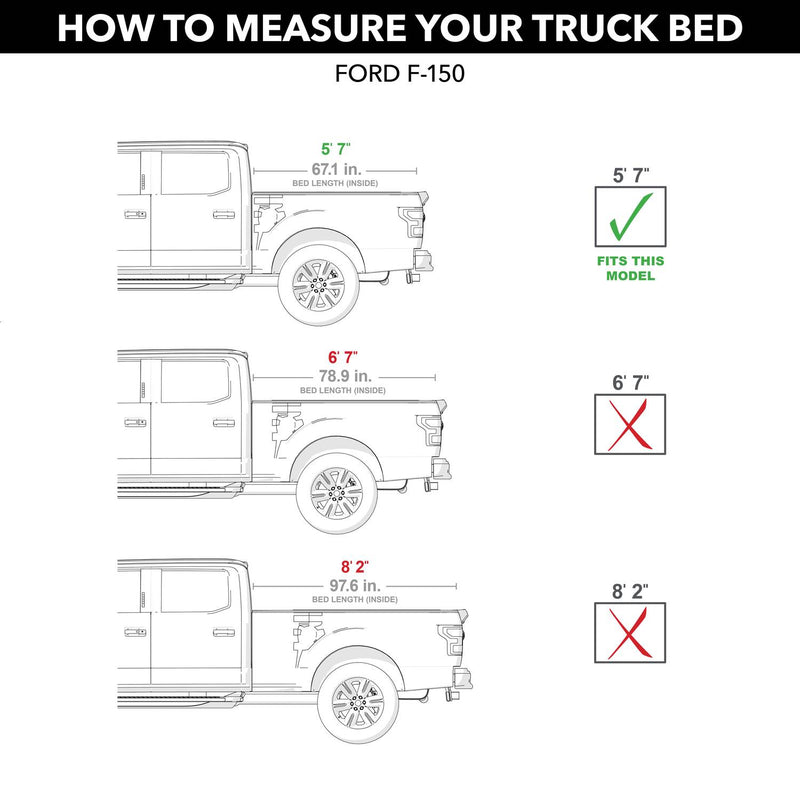Gator EFX hard folding tonneau cover: Bed measuring chart for the Ford F-150 marking the 5'7" bed as the fit