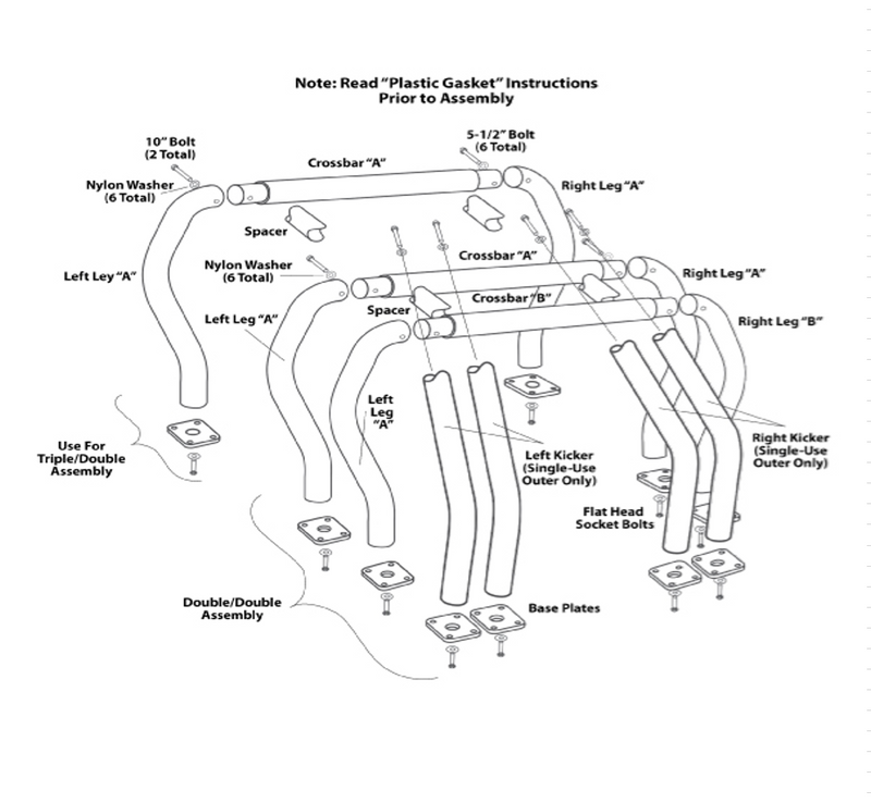 Go Rhino Bed Bar: line drawing of a bed bar assembly with labeled crossbars, legs, bolts and base plates